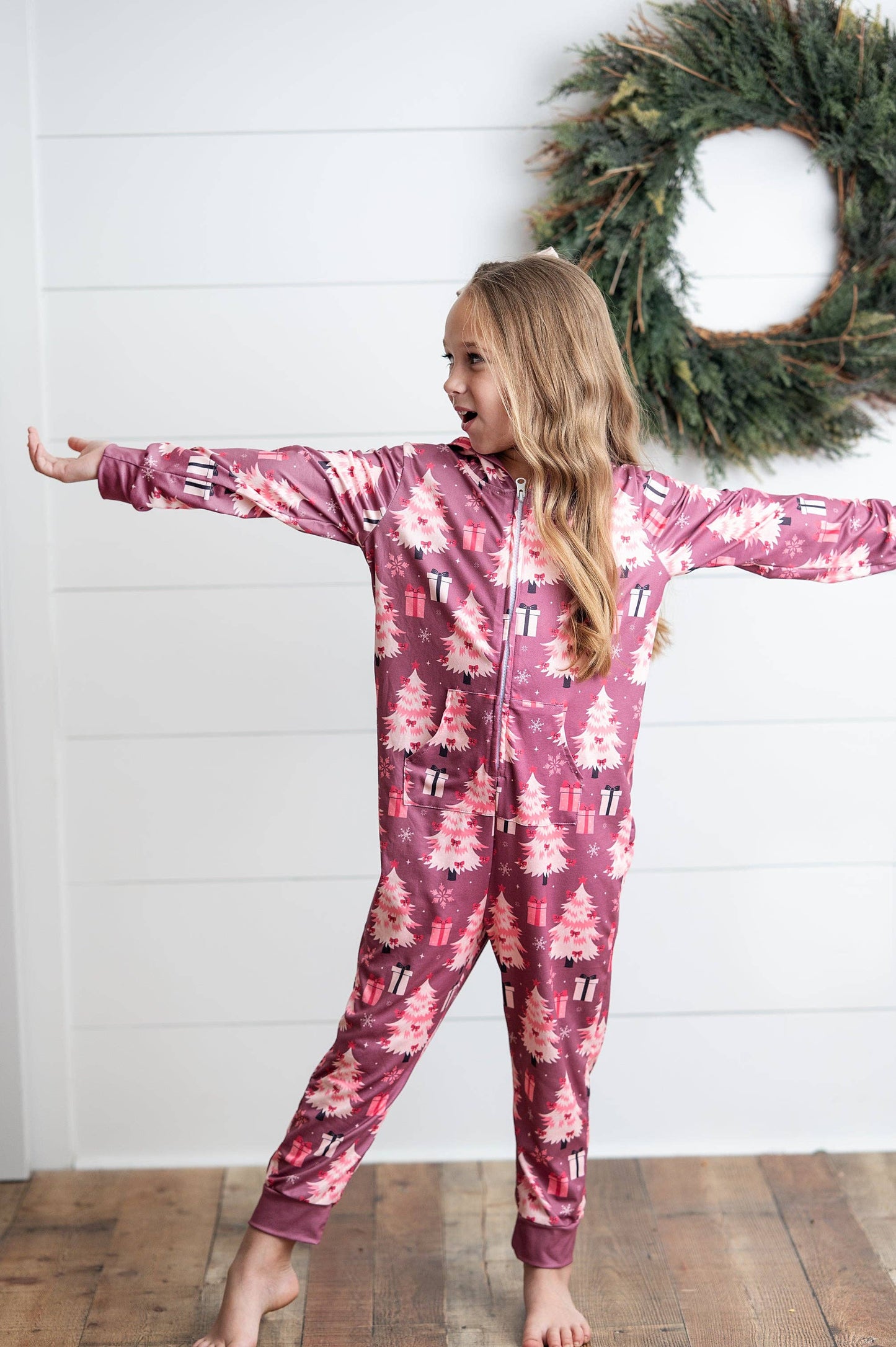 Kids Pink Christmas Tree Holiday Zip Onesie Set With Ears
