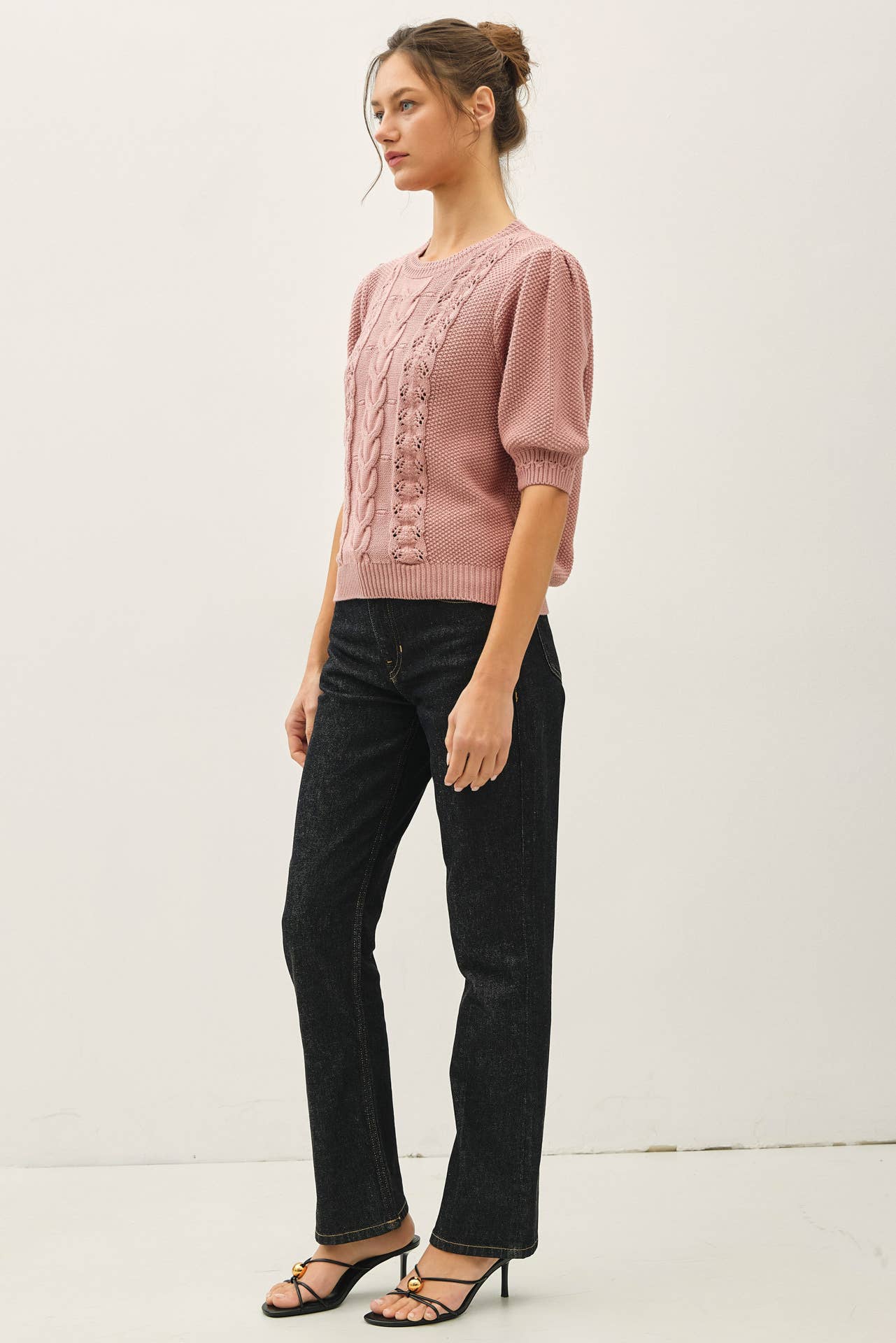 Be Cool - CHUNKY PUFF SHORT SLEEVE CABLE KNIT SWEATER: SEAFOAM / L