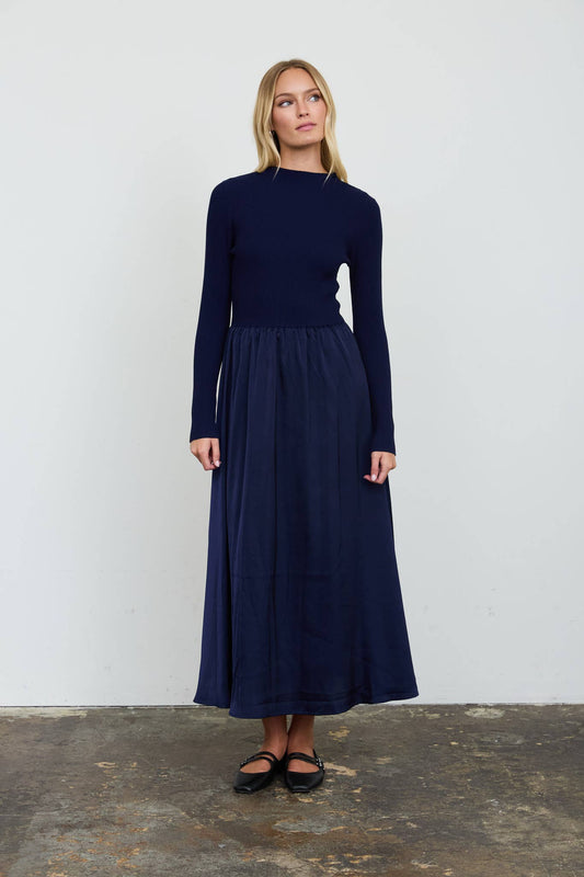 RIBBED MOCK NECK SATIN TWOFER MIDI DRESS