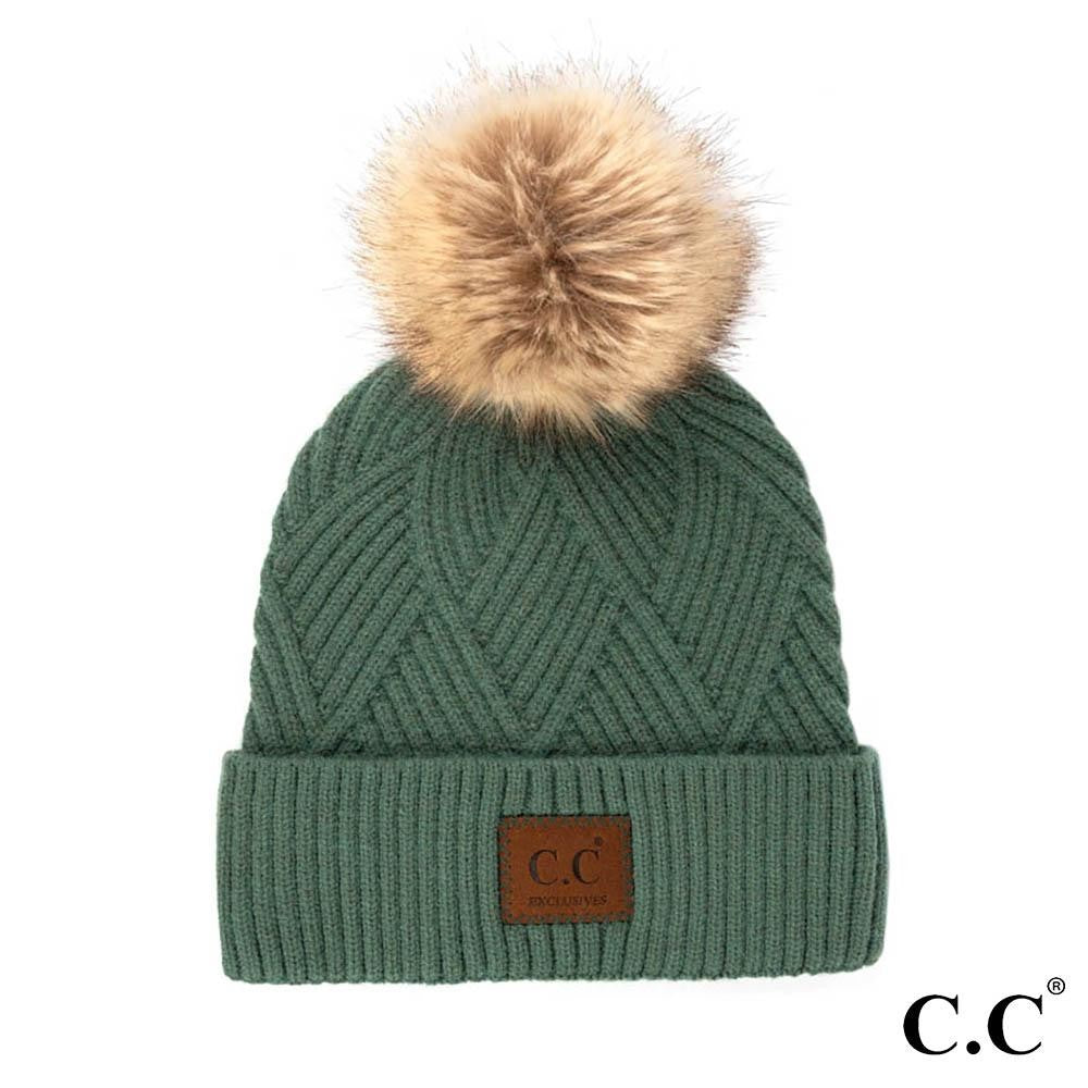 Diagonal Stripe Knit Pattern Pom Beanie