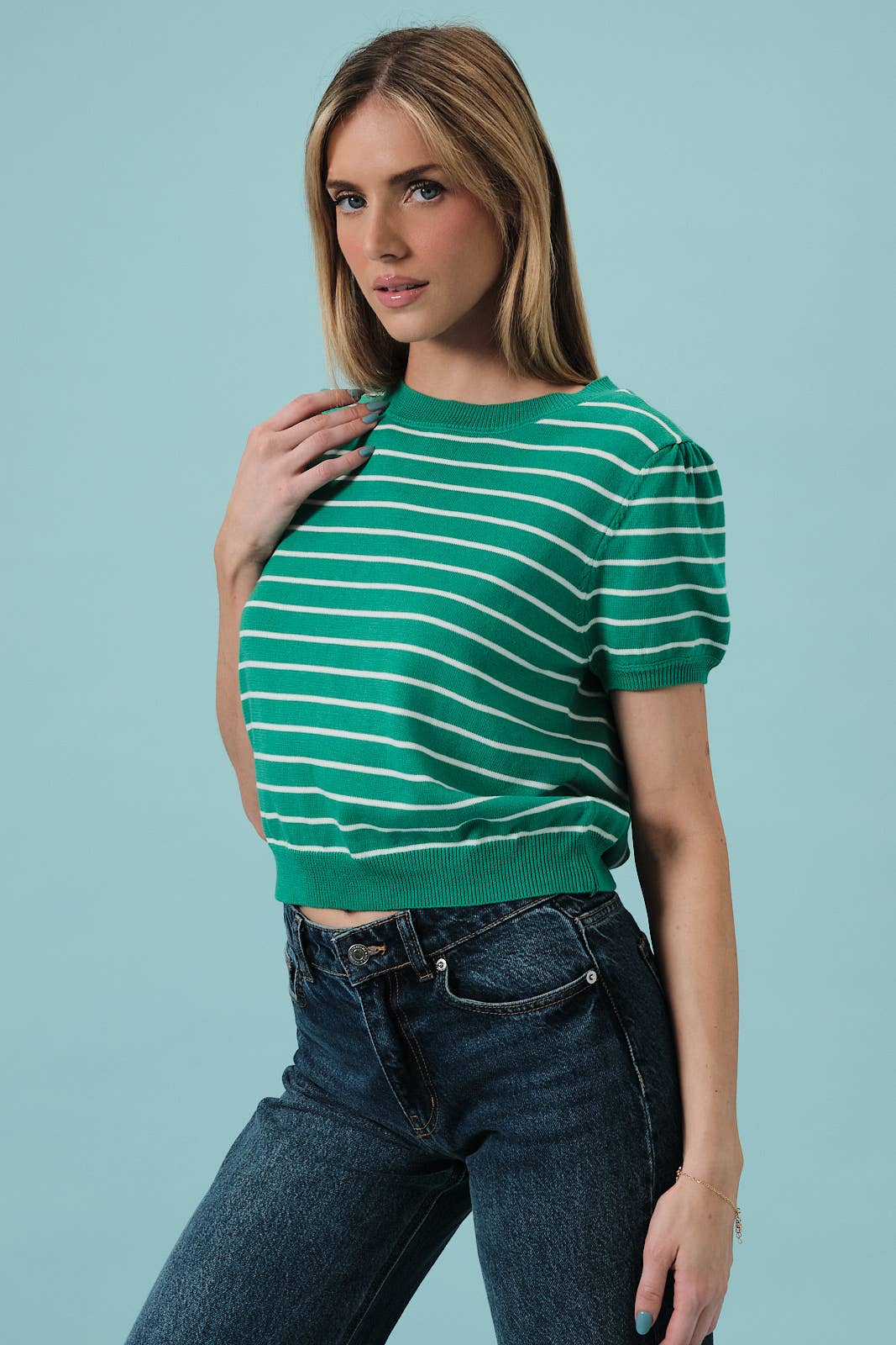 Sunday Edition by LE LIS - HALF SLEEVE CREW NECK PUFF STRIPED SWEATER TOP: LT BLUE-WHITE STRIPE / M