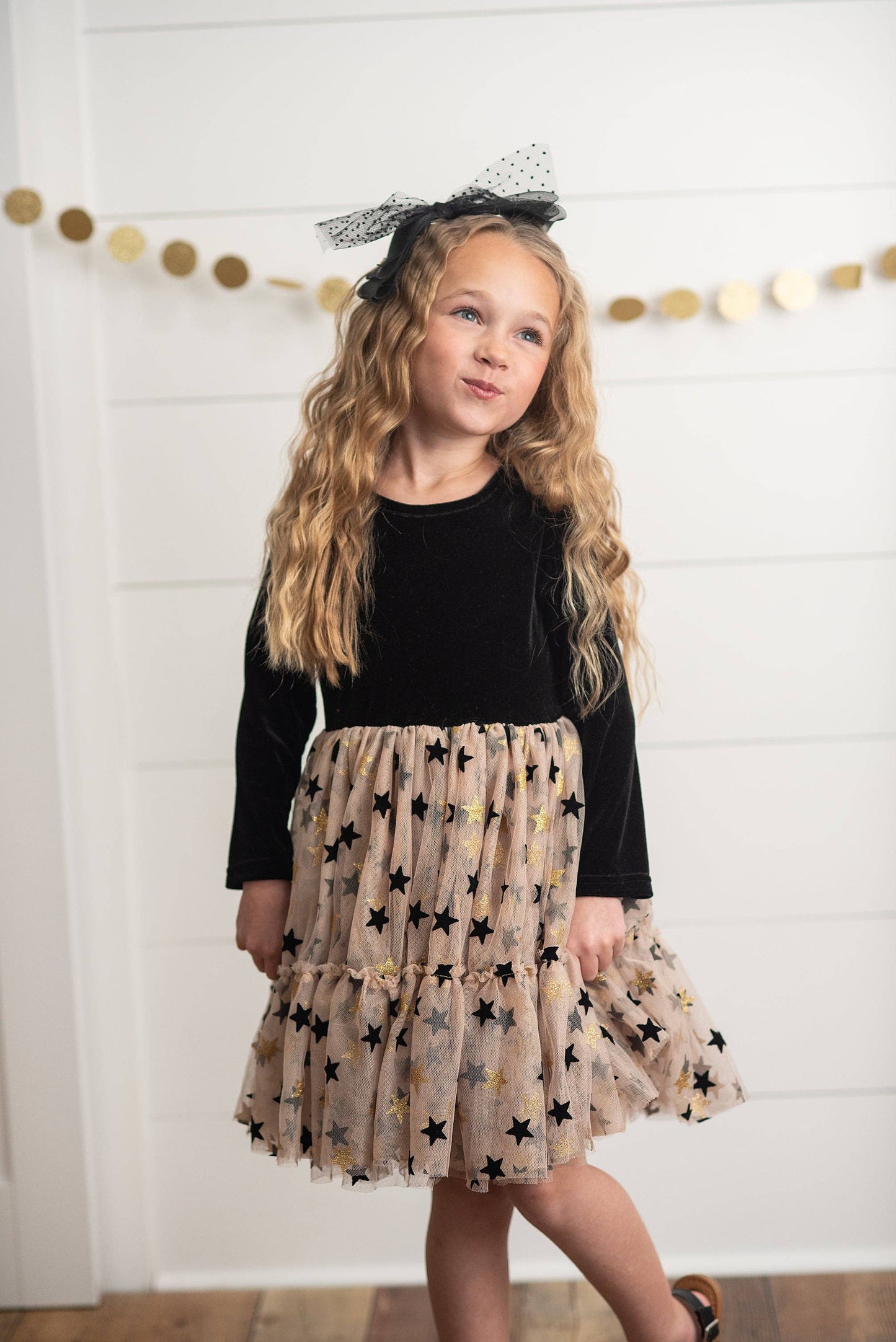 Kids Black & Gold Star Velvet Holiday Sparkle Tulle Dress