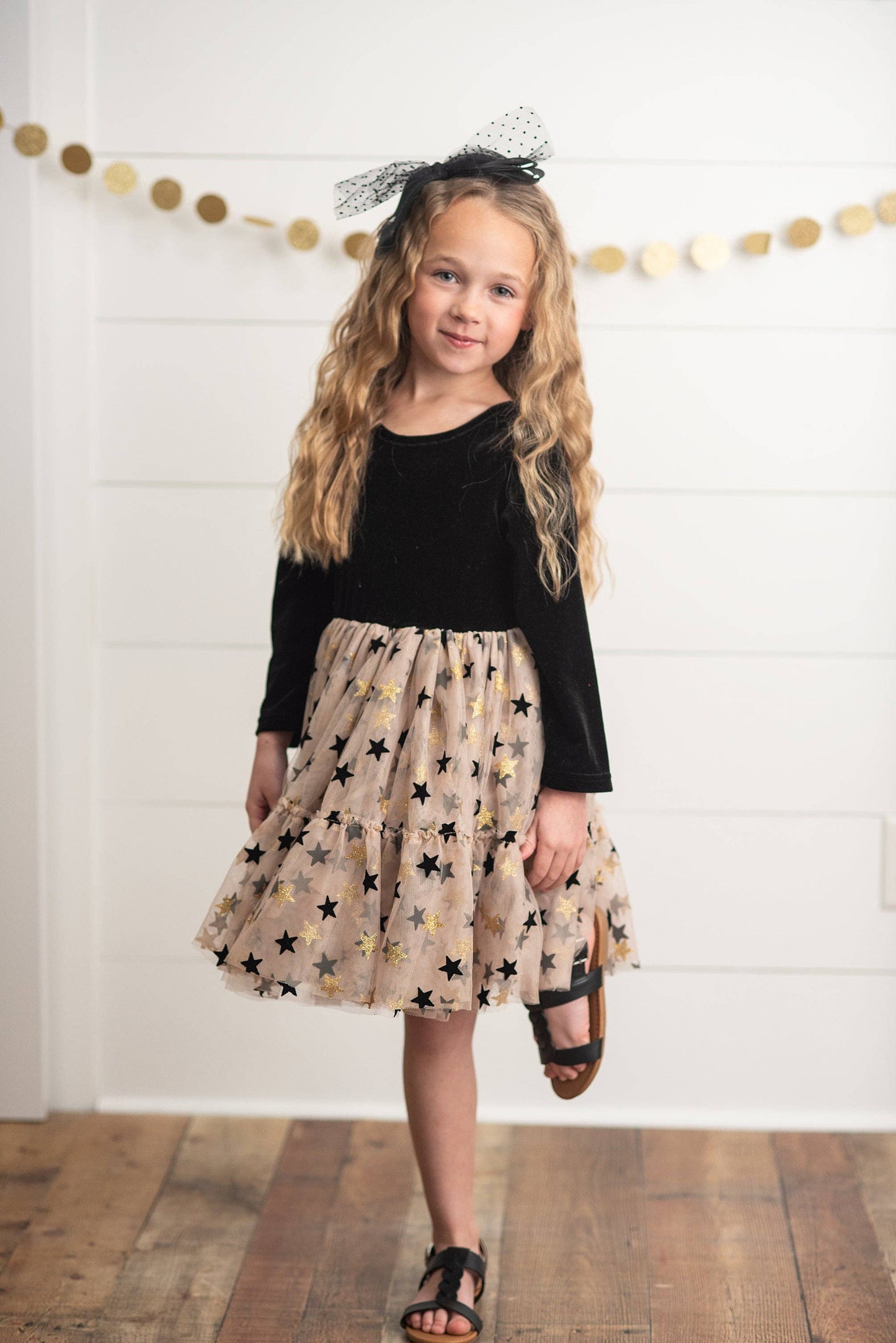 Kids Black & Gold Star Velvet Holiday Sparkle Tulle Dress