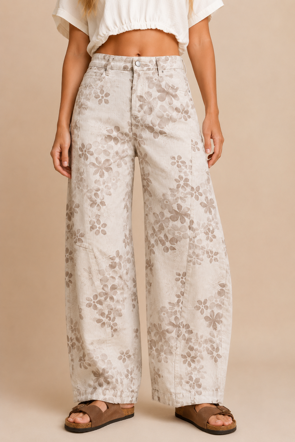 J.NNA - Floral Wide-Barrel Leg Jeans: Light Taupe / L