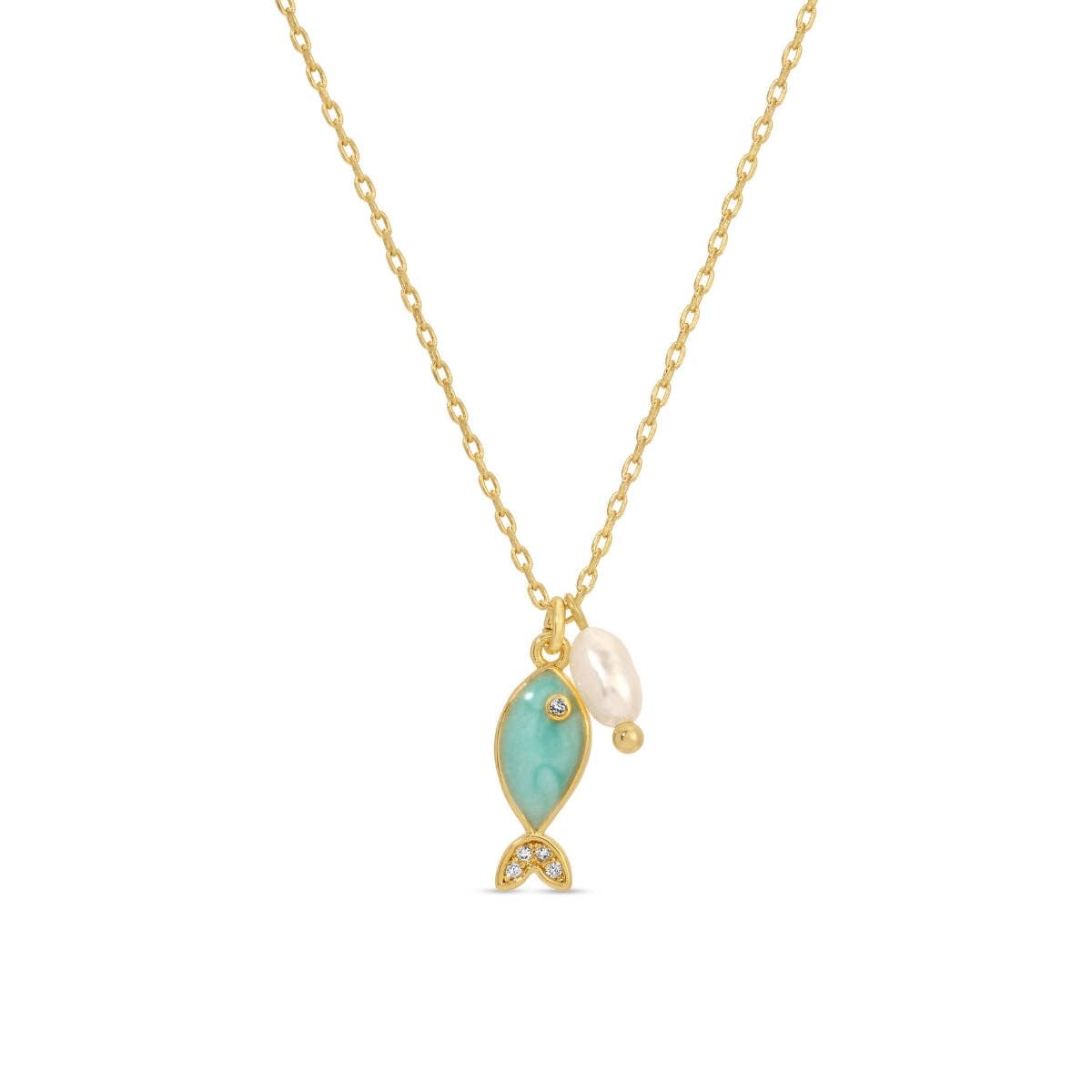 Splendid Iris - Light Blue Fish Pendant Necklace with Freshwater Pearl: Gold