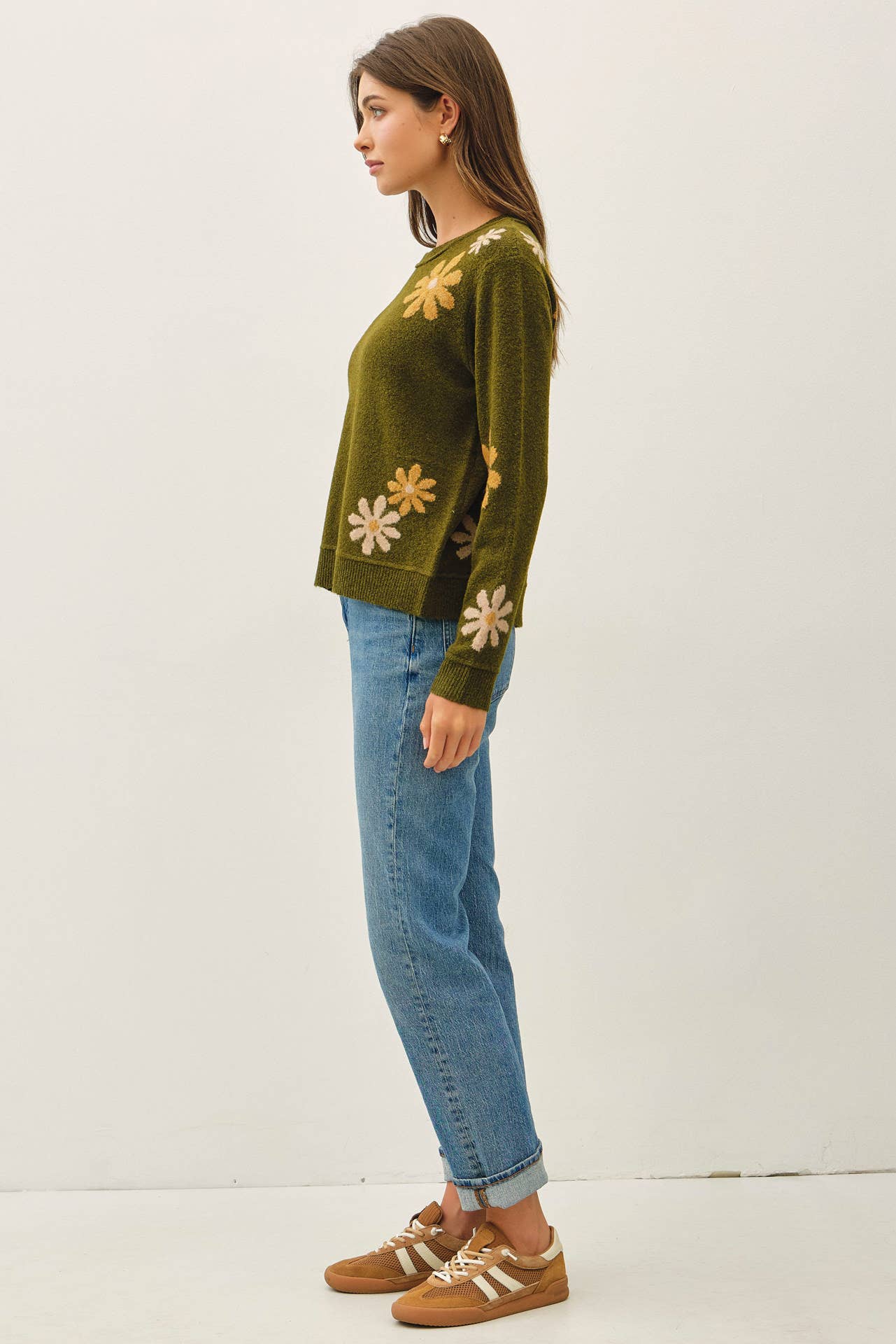 Be Cool - WOOL BLEND FLORAL ACCENT SWEATER: NAVY / L