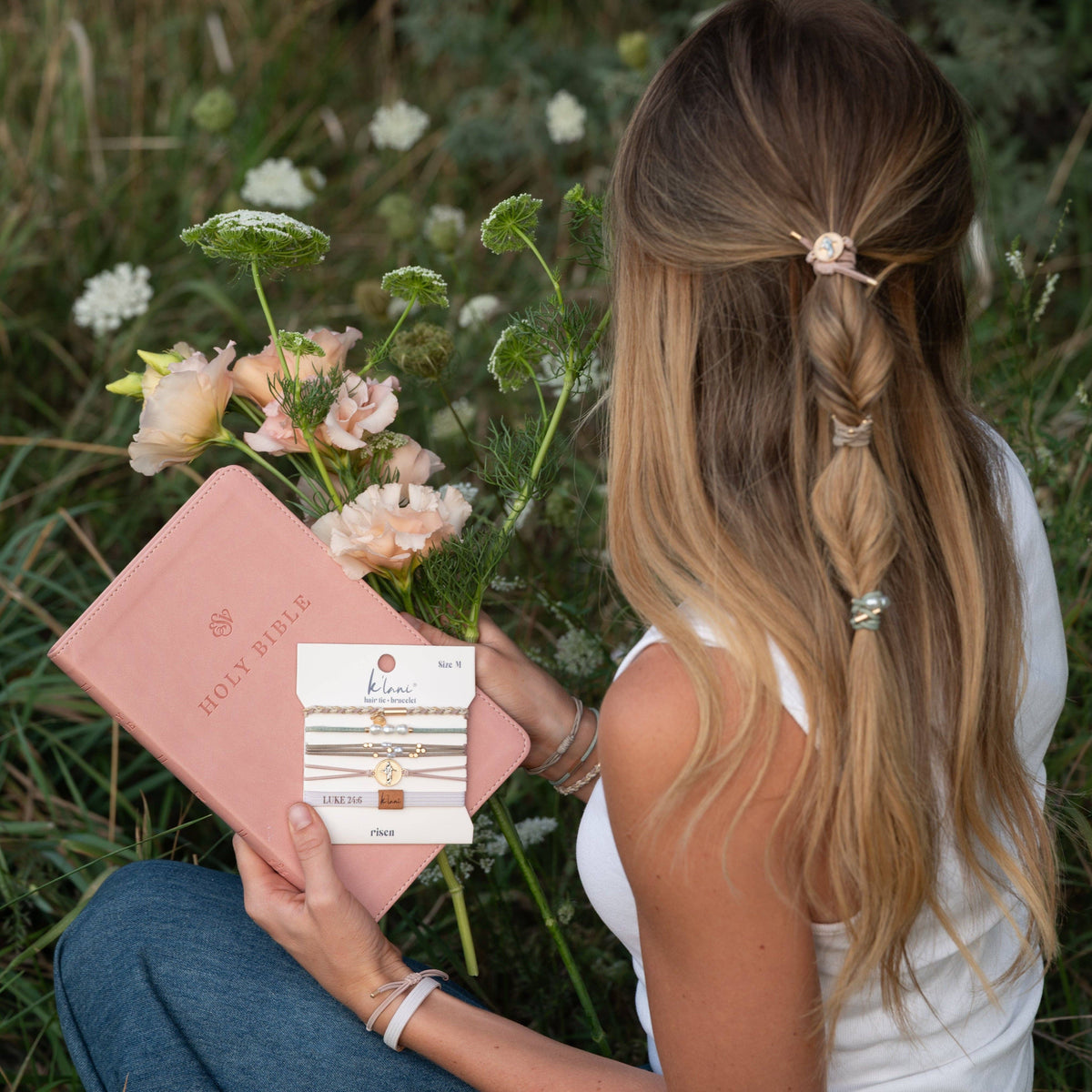 K'lani hair tie bracelets - "Risen" Warm Neutrals with Gold Christus Hair Tie Bracelets: Large