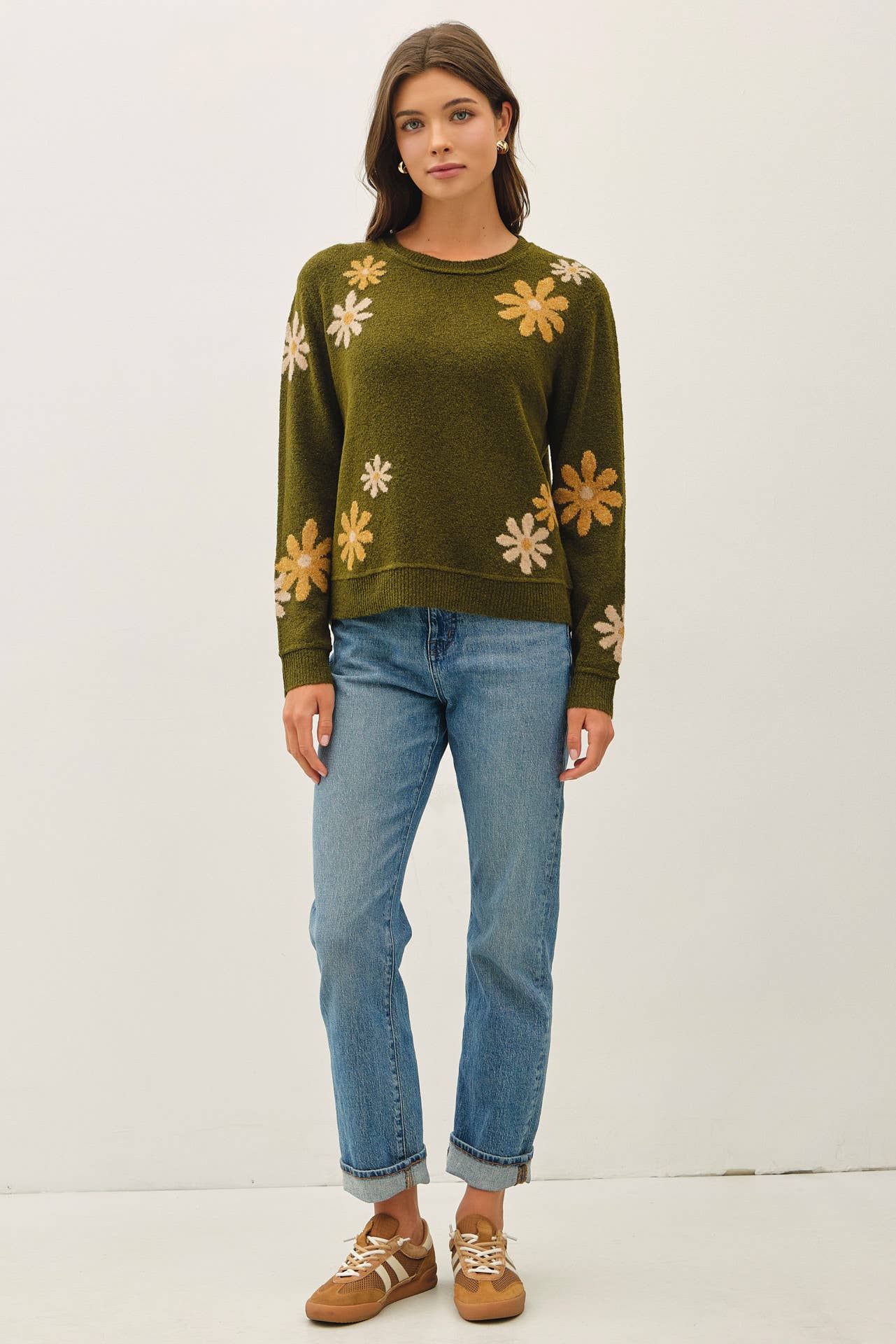 Be Cool - WOOL BLEND FLORAL ACCENT SWEATER: NAVY / S