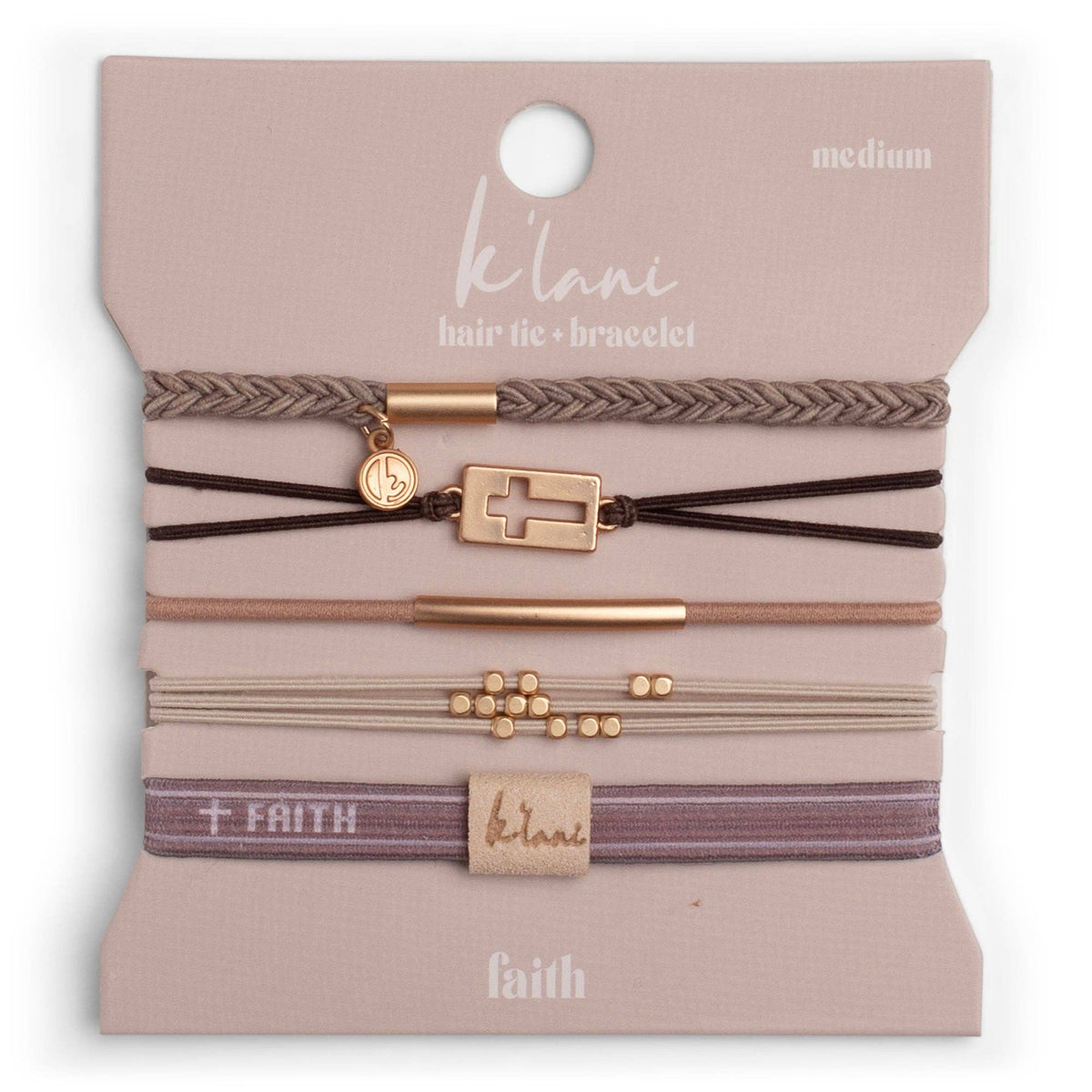 K'lani hair tie bracelets - "Faith" Warm Neutrals with Gold Cross Hair Tie Bracelets: Small