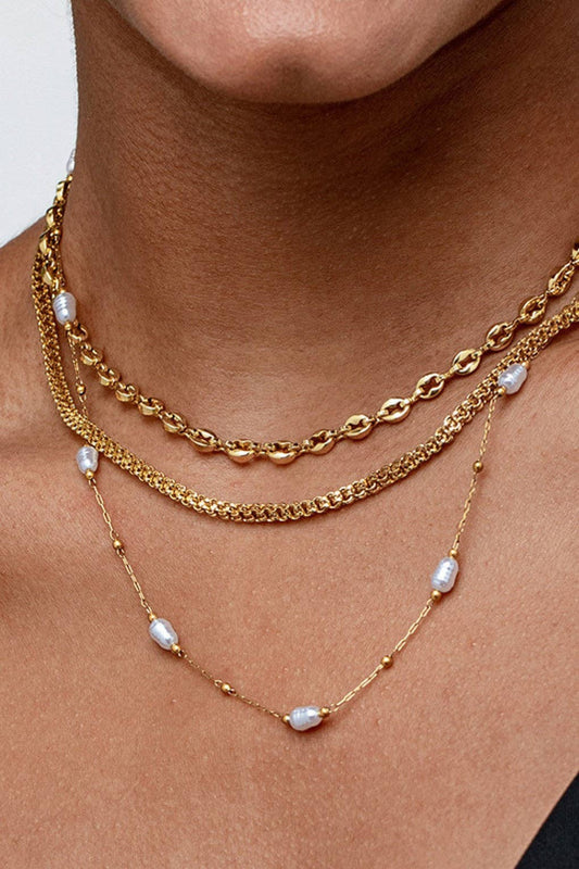 18K Gold Plated Triple Layered with Pearl String Necklace