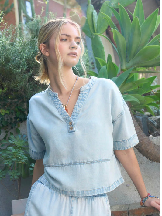 Washed Denim Split Neck Short Sleeve Top