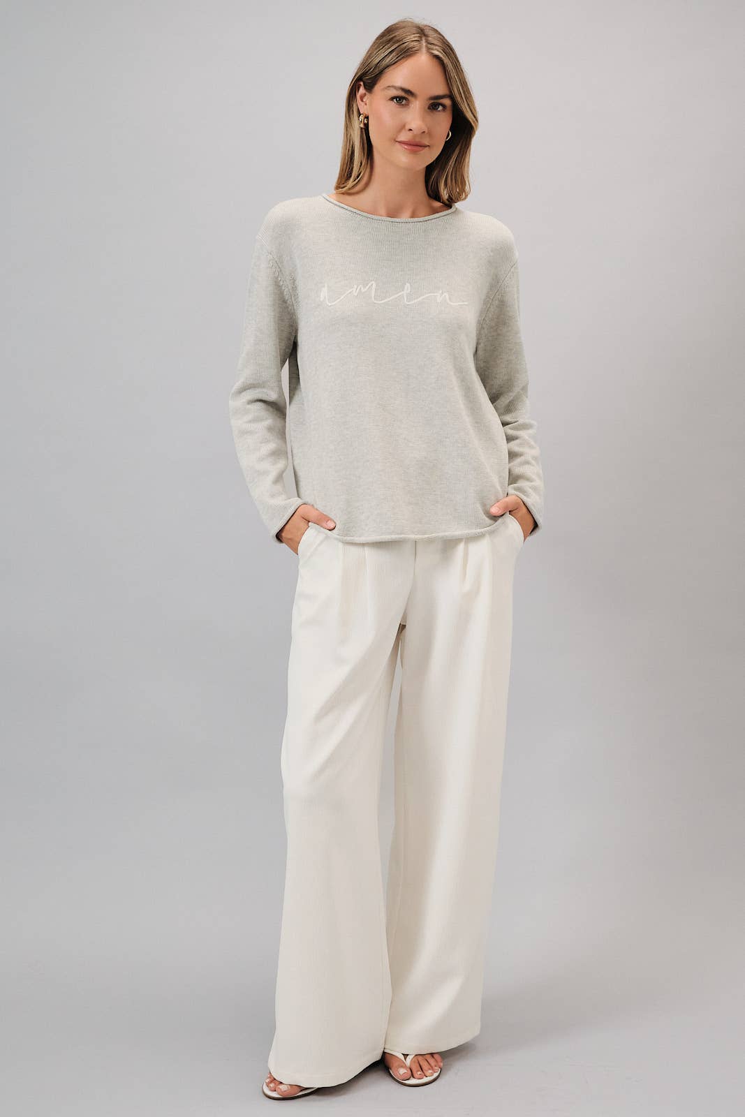 Sunday Edition by LE LIS - ROUND NECK LONG SLEEVE "AMEN" LT WEIGHT SWEATER: H GREY / L