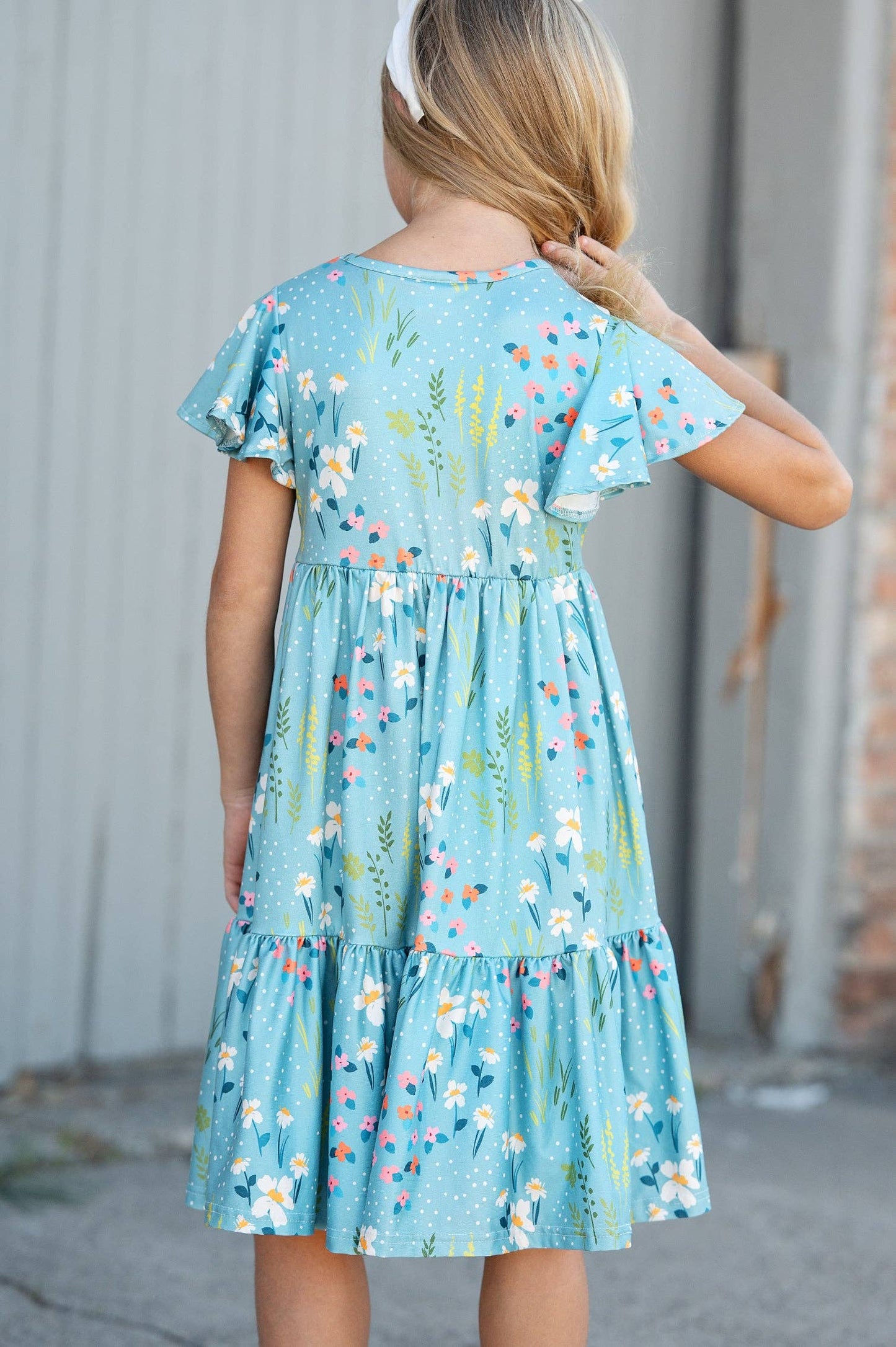Girls Emma Teal Summer Willow Floral Flutter Sleeve Dress