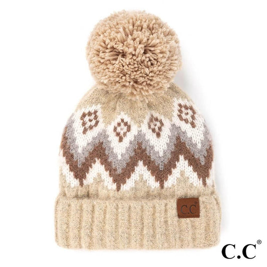 Aztec Chevron Pattern Cuff Beanie with Knit Pom