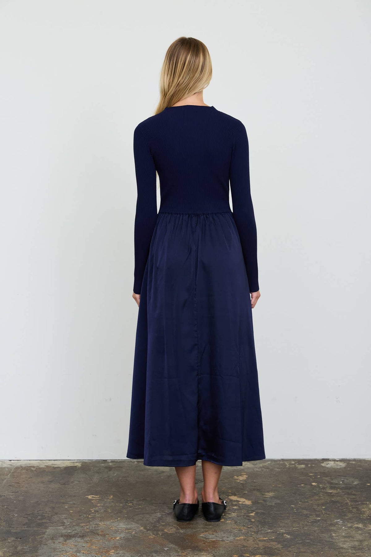 RIBBED MOCK NECK SATIN TWOFER MIDI DRESS