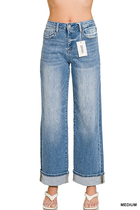 High Rise Cuffed Wide Leg Denim