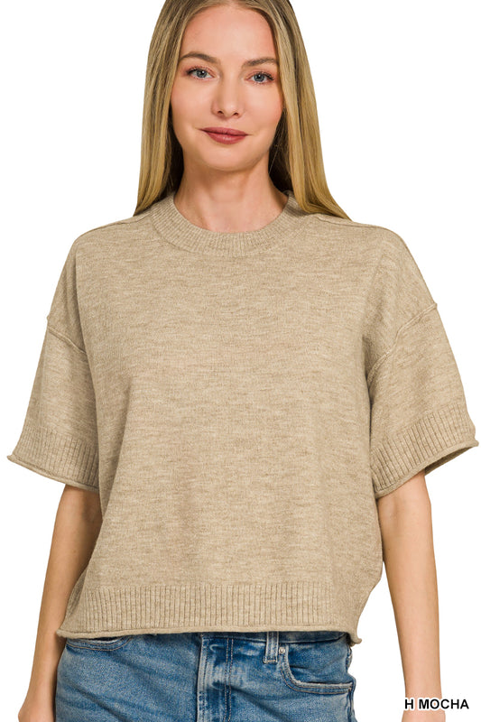 Short Sleeve Sweater in Heather Mocha