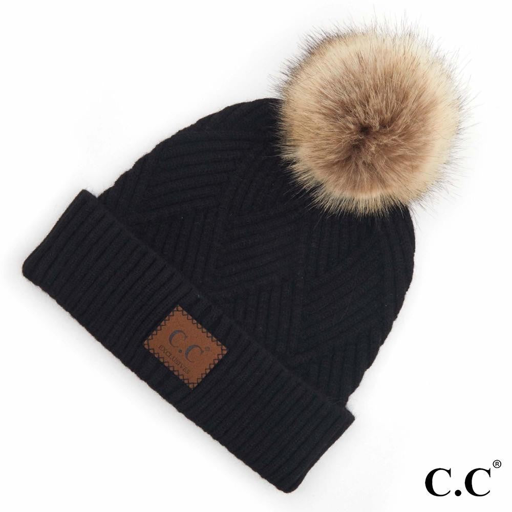 Diagonal Stripe Knit Pattern Pom Beanie
