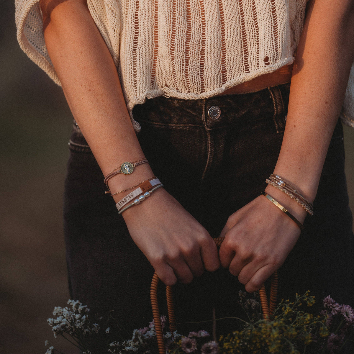 K'lani hair tie bracelets - "Risen" Warm Neutrals with Gold Christus Hair Tie Bracelets: Large
