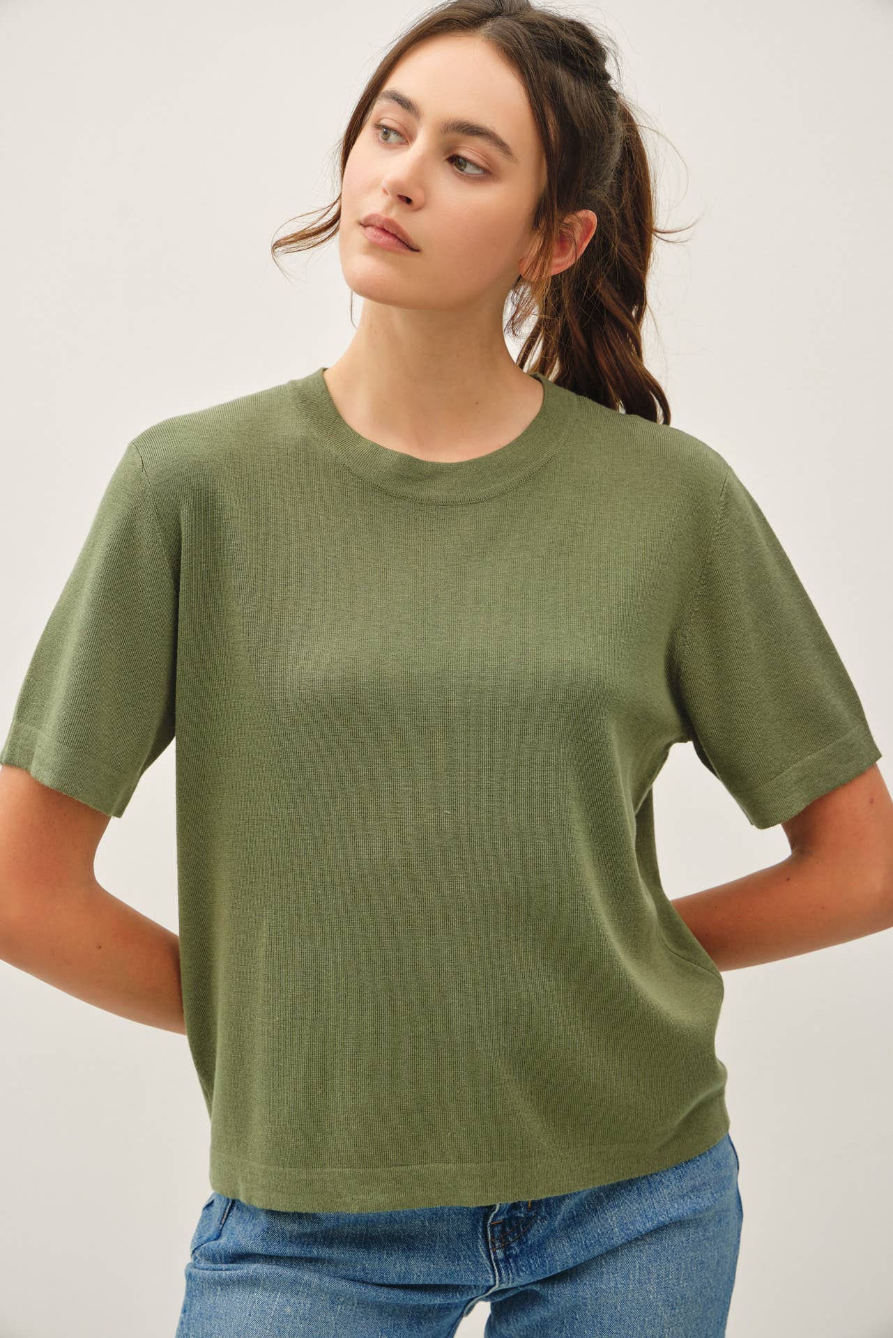 Be Cool - CASHMERE BLENDED SHORT SLEEVE SWEATER  : SLATE BLUE / L