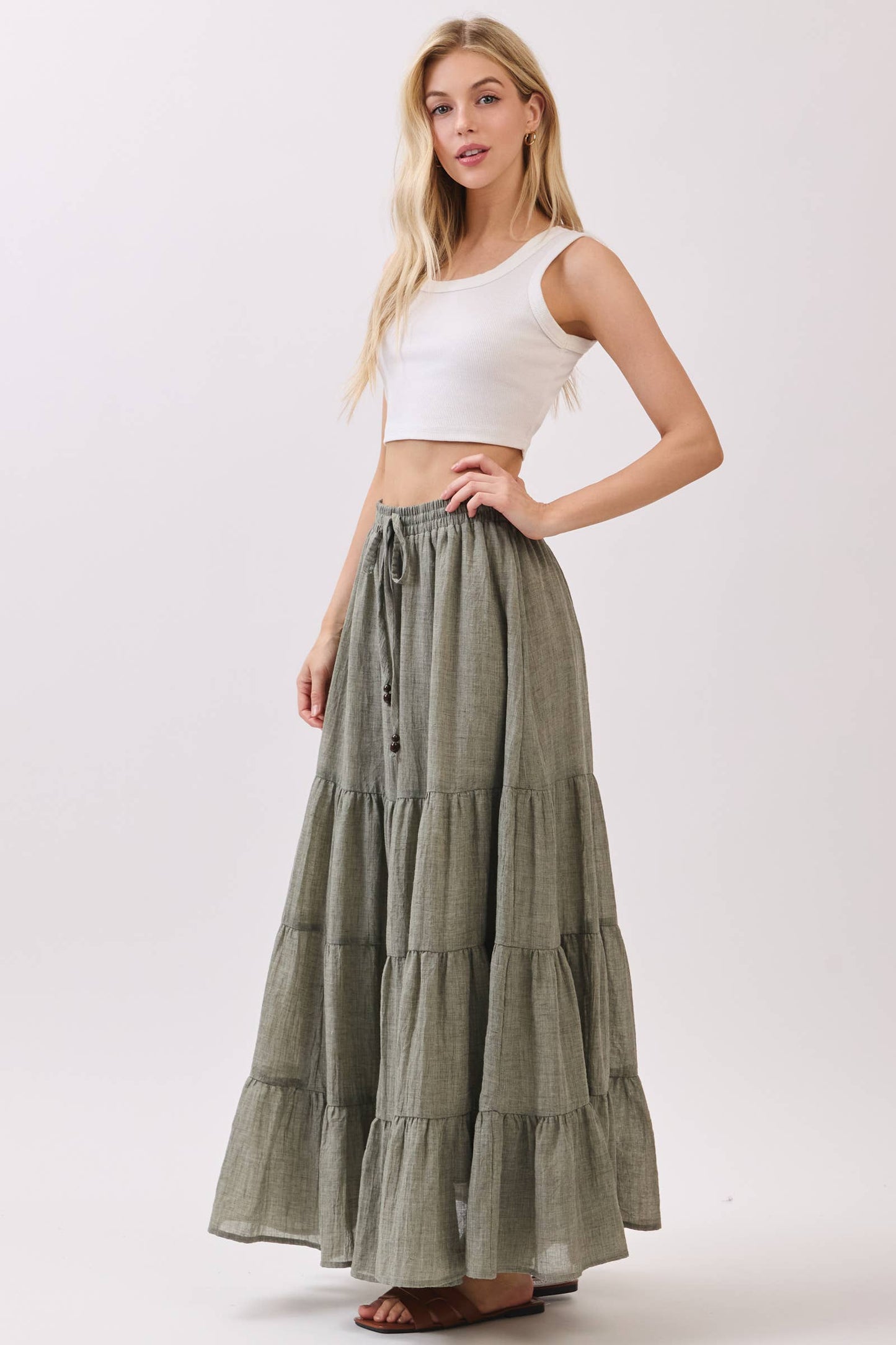 Final Touch - Tiered Coconut Tie Detail Maxi Skirt - VS3009: OLIVE / M