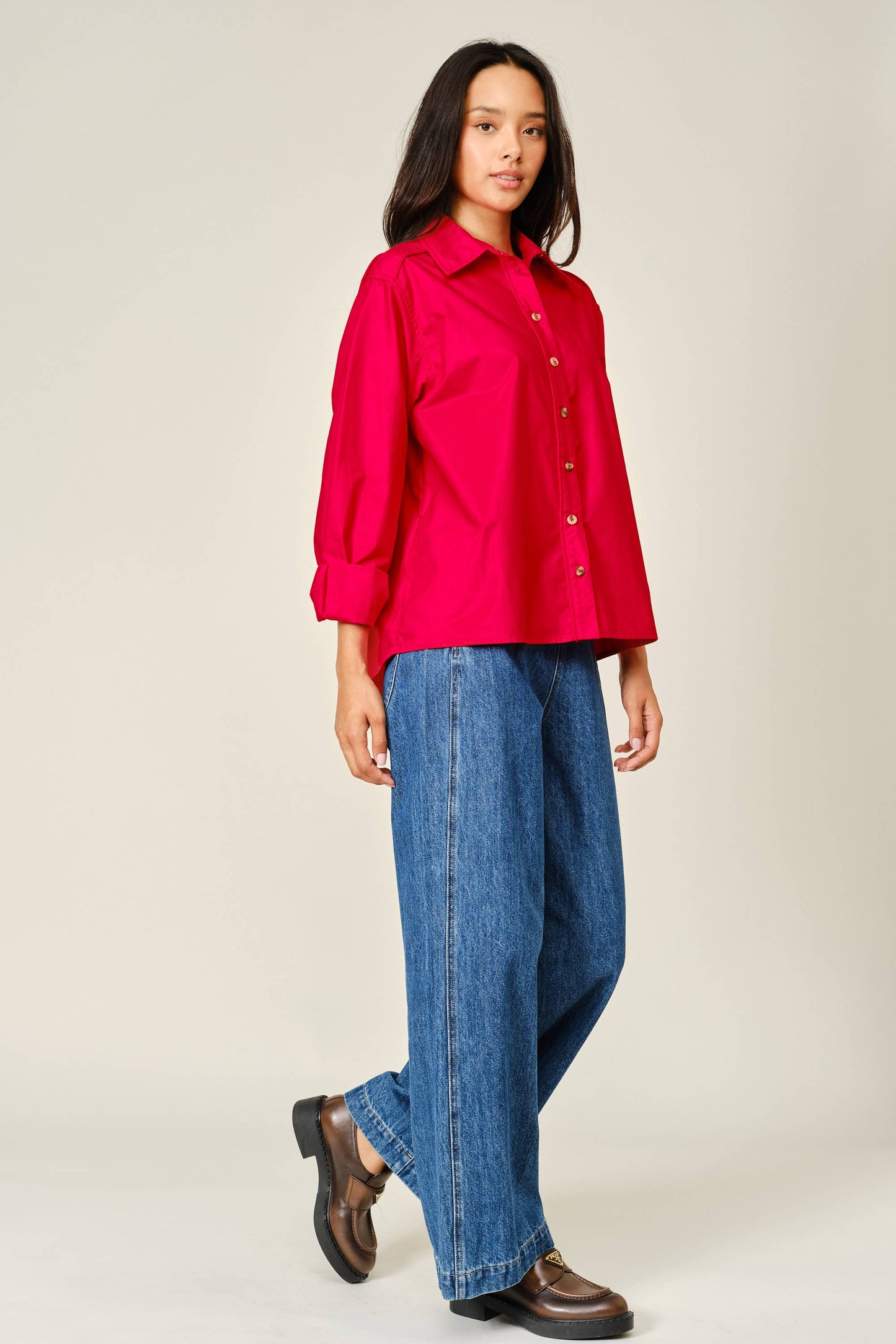 Aaron & Amber - AJT6539 OVERSIZED CLASSIC BUTTON DOWN SHIRT: OFF WHITE / S-M-L (2-2-2)
