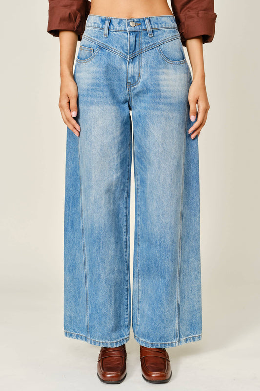 Aaron & Amber - WASHED DENIM YOKE WIDE LEG JEANS: DENIM
