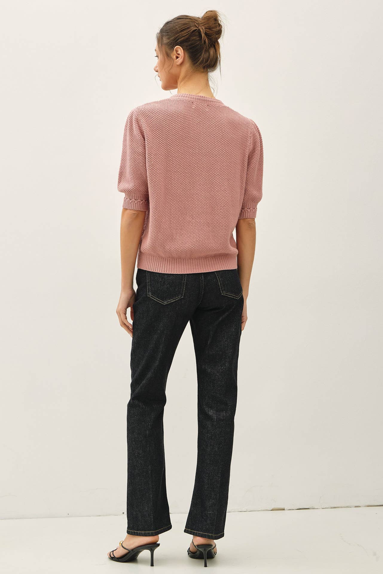 Be Cool - CHUNKY PUFF SHORT SLEEVE CABLE KNIT SWEATER: SEAFOAM / L