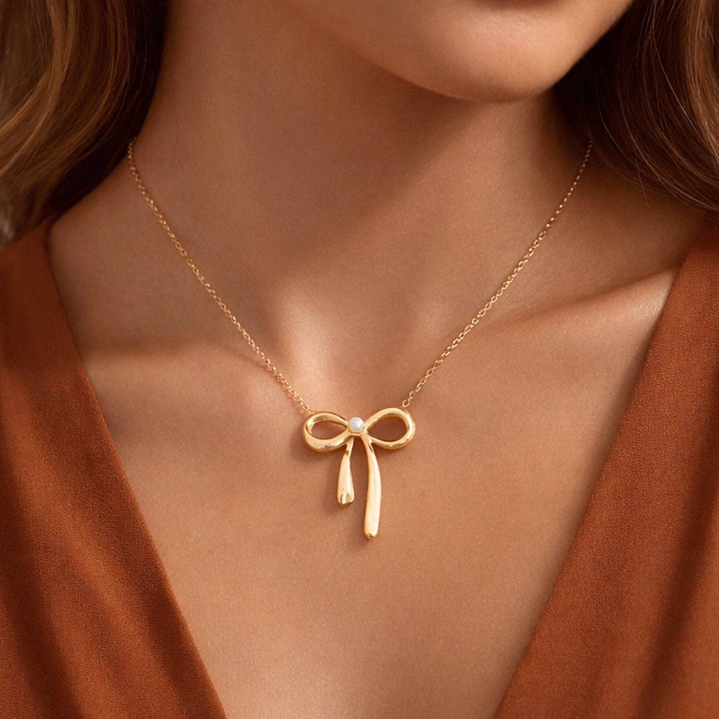 18K Gold Plated Waterproof Bow Necklace - 7768: S0OX3T7768