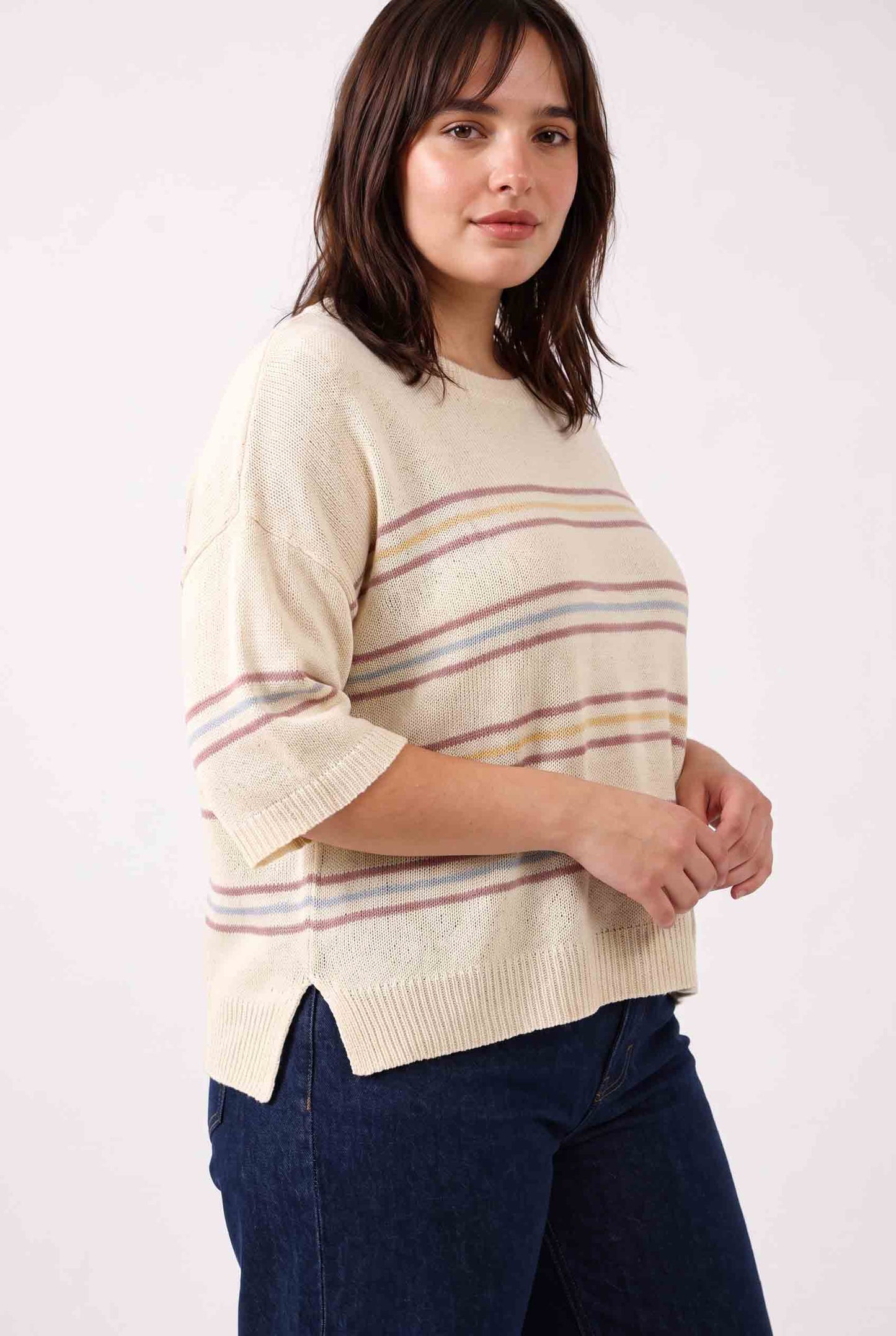 Be Cool - [PLUS] OVER SIZED DROP SHOULDER STRIPED SWEATER : SAGE / 3X