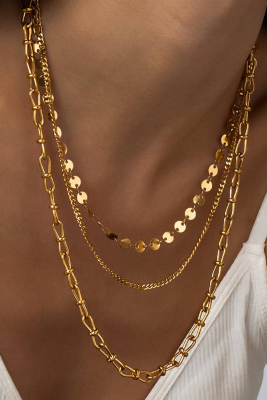 18K Gold Dipped Stainless Steel Triple Layered Chunky Chain Necklace