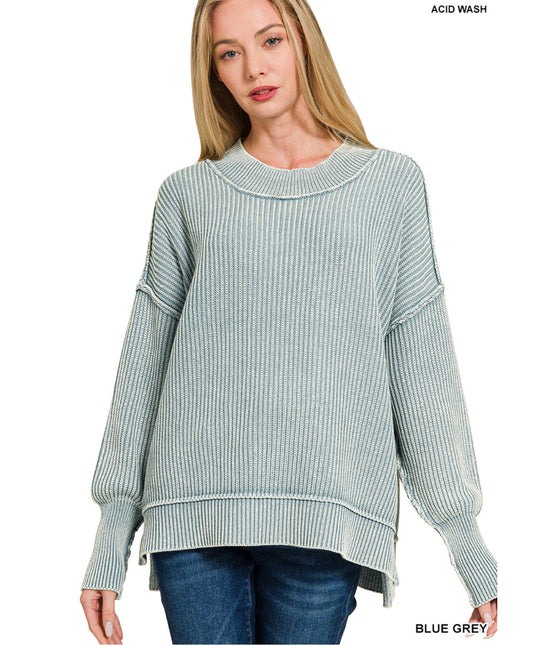 Washed Side Slit Oversized Sweater - Blue Grey