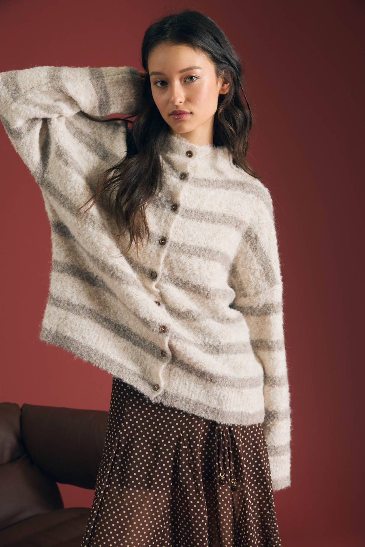 STRIPE MOCK NECK BUTTON DOWN FUZZY KNIT CARDIGAN