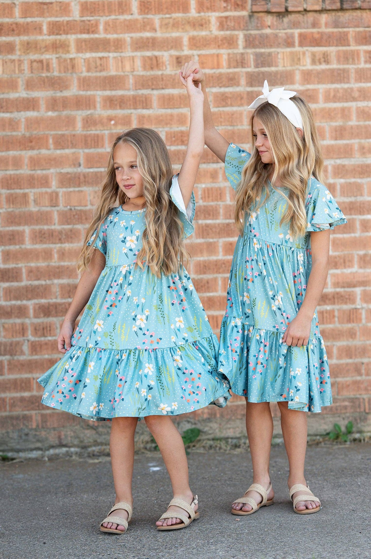 Girls Emma Teal Summer Willow Floral Flutter Sleeve Dress