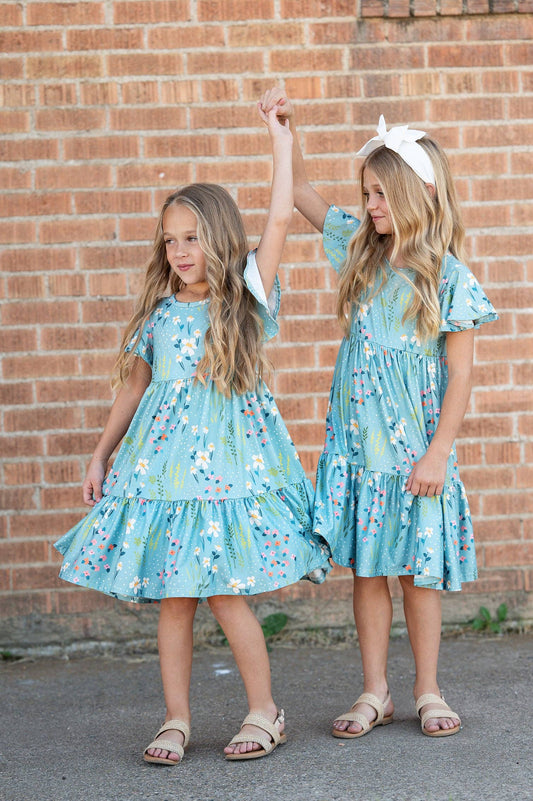 Girls Emma Teal Summer Willow Floral Flutter Sleeve Dress