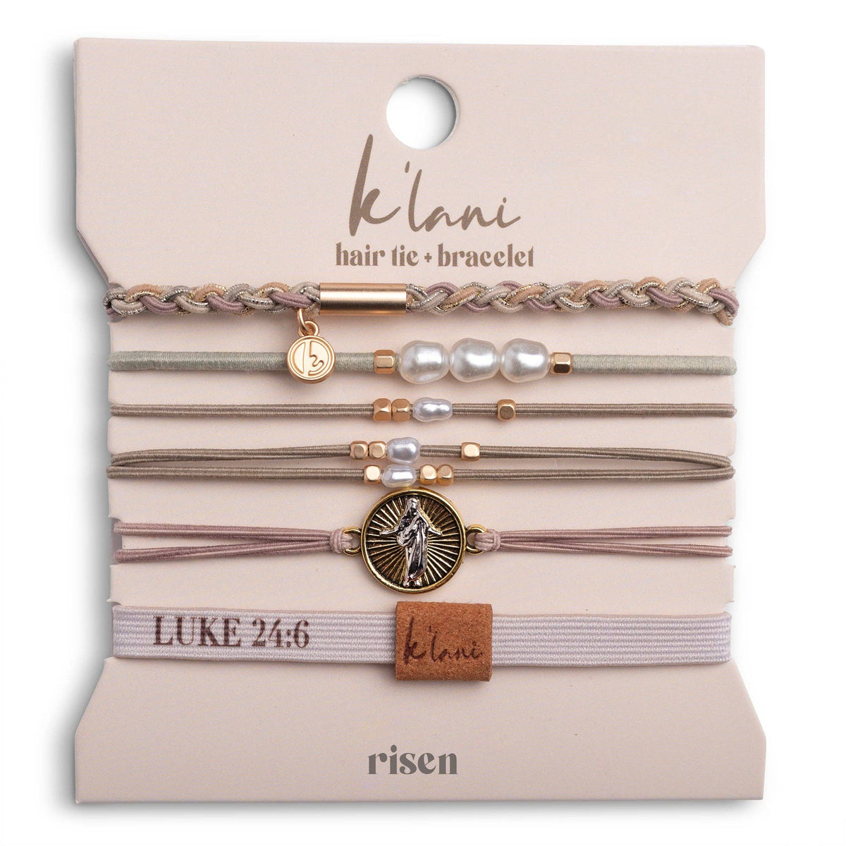 K'lani hair tie bracelets - "Risen" Warm Neutrals with Gold Christus Hair Tie Bracelets: Large