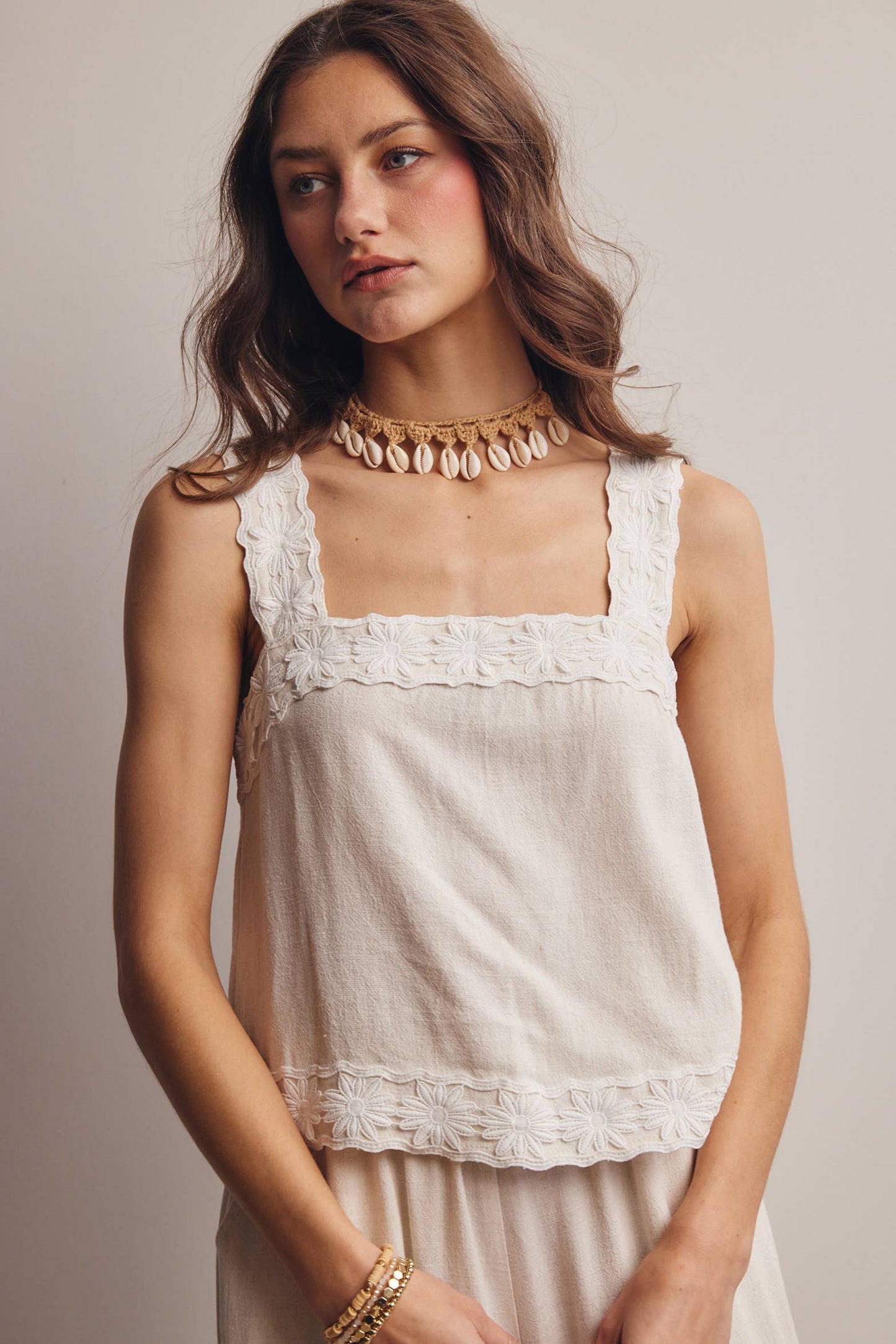 Embroidered Square-Neck Tank & Wide-Leg Pants Set