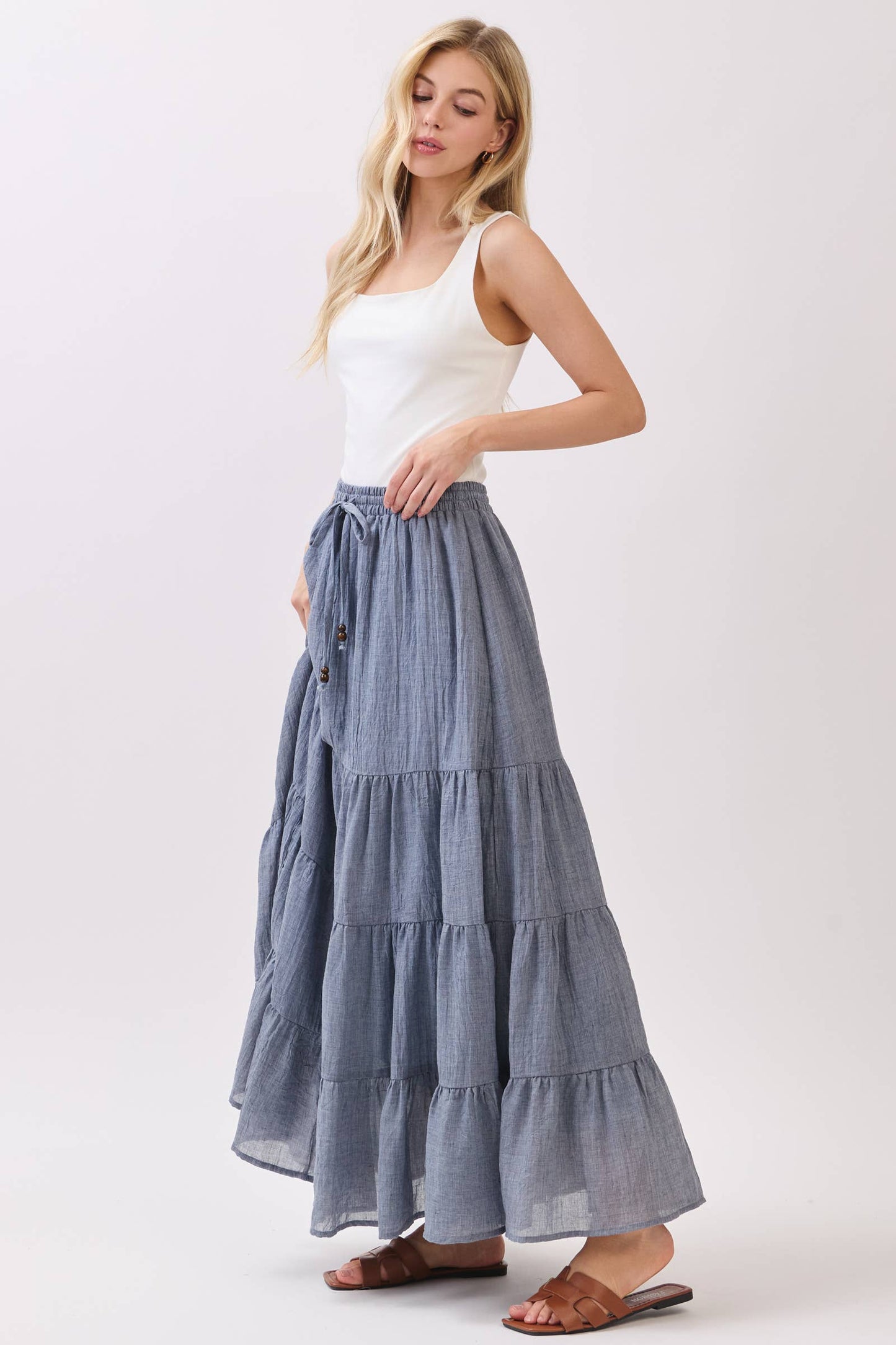 Final Touch - Tiered Coconut Tie Detail Maxi Skirt - VS3009: OLIVE / S