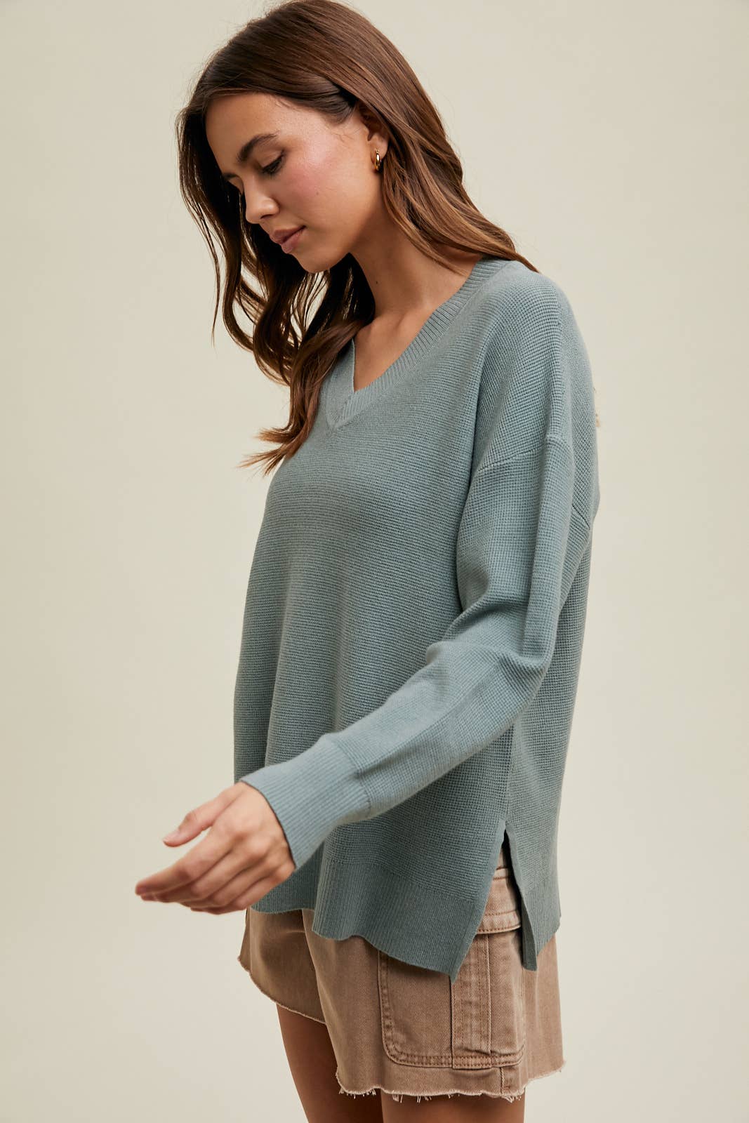 Waffle Knit Sweater with Side Slit