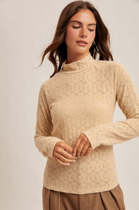 Mock Neck Long Sleeve Brushed Lace Top