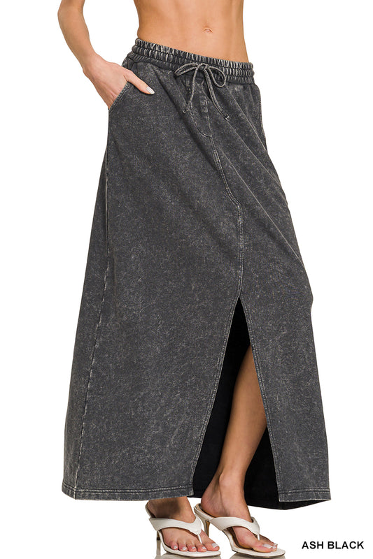French Terry Acid Washed Front Slit Long Skirt