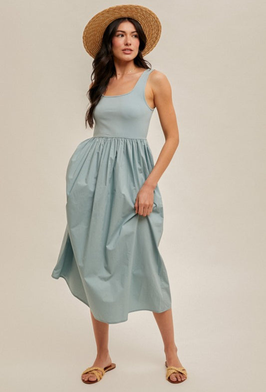 Mixed Media Scoop Neck Midi Dress