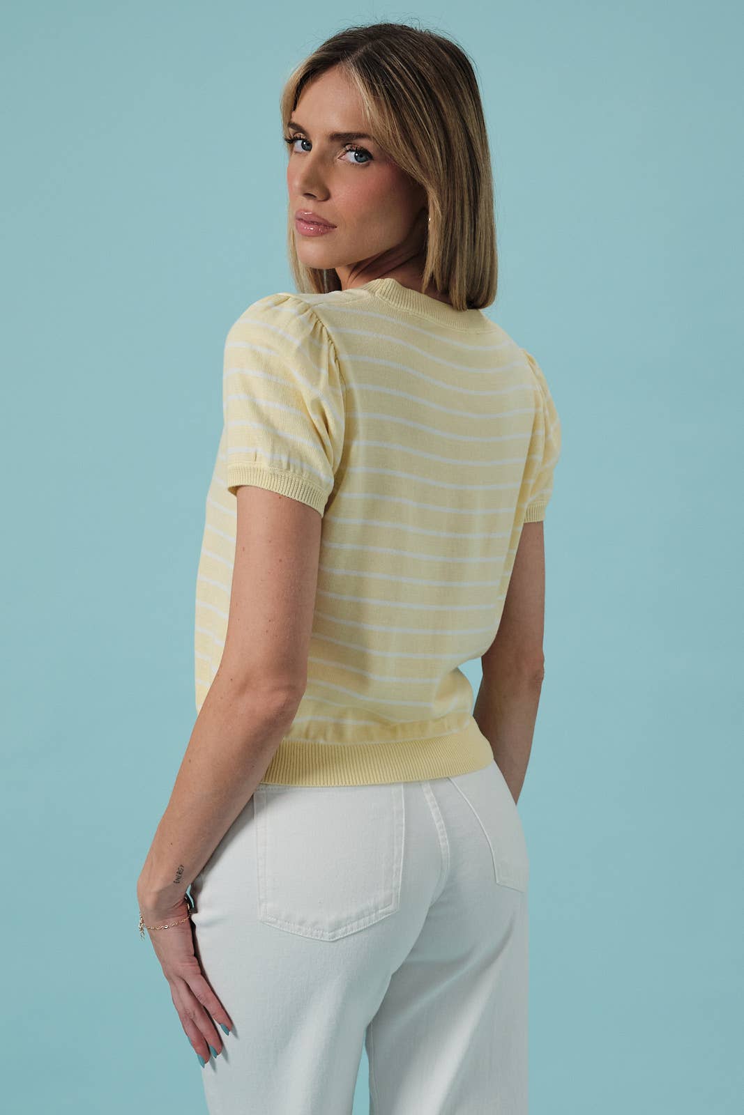 Sunday Edition by LE LIS - HALF SLEEVE CREW NECK PUFF STRIPED SWEATER TOP: LT BLUE-WHITE STRIPE / M
