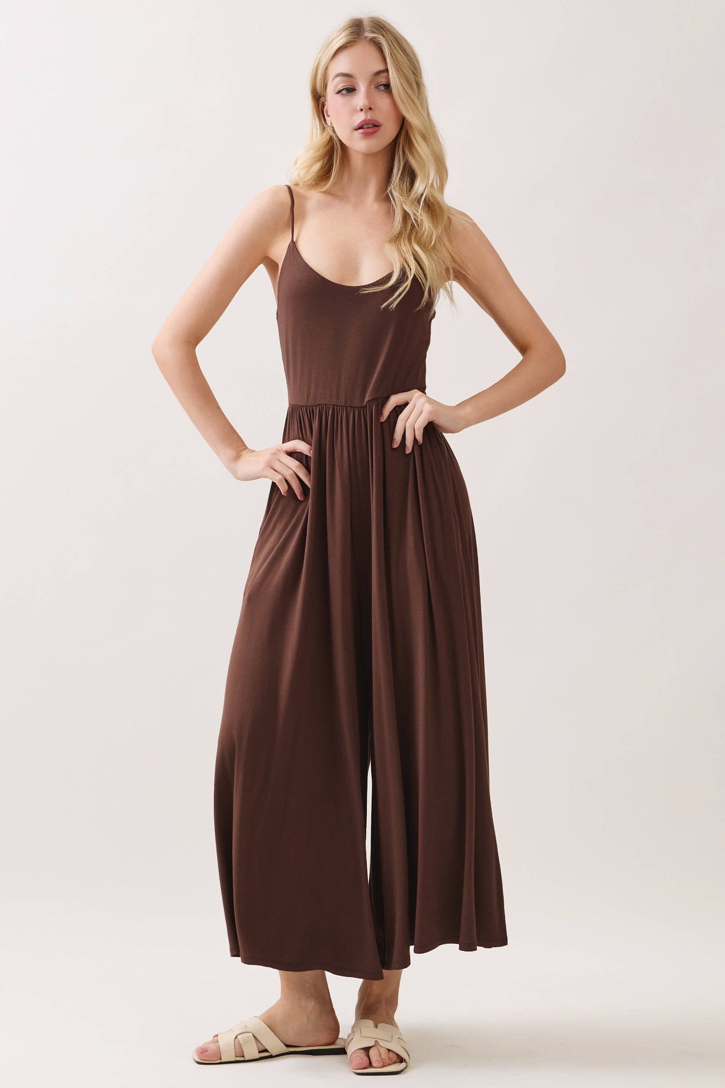 Final Touch - Flare Wide Leg Jumpsuit W/ Adjustable Strap - VJU60179: Nutshell / M