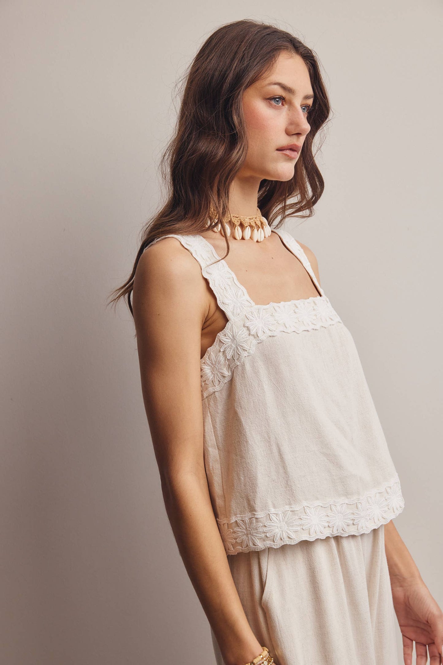 Embroidered Square-Neck Tank & Wide-Leg Pants Set