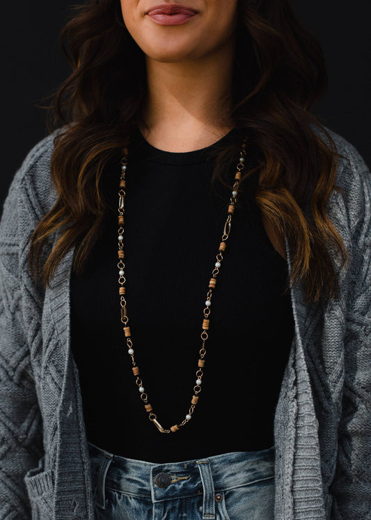 Gold & Neutral Beaded Long Necklace