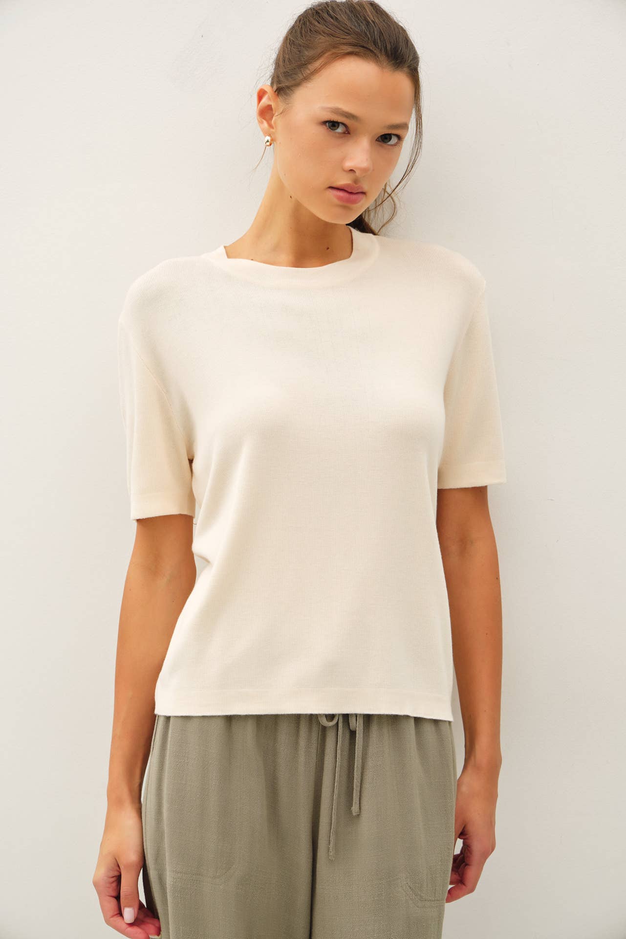 Be Cool - CASHMERE BLENDED SHORT SLEEVE SWEATER  : SLATE BLUE / L