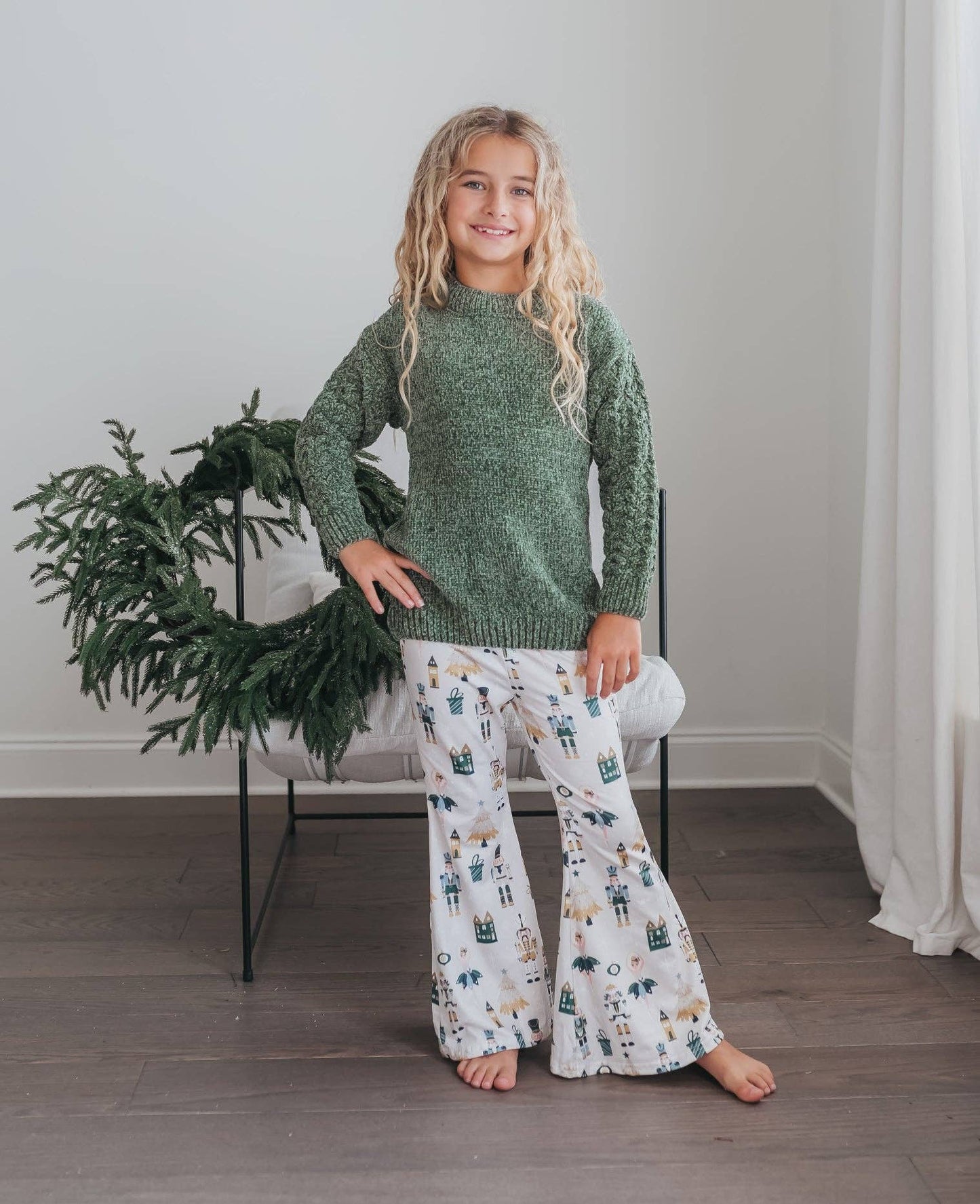 Kids Green Chenille Sweater & Nutcracker Bell Pant Set