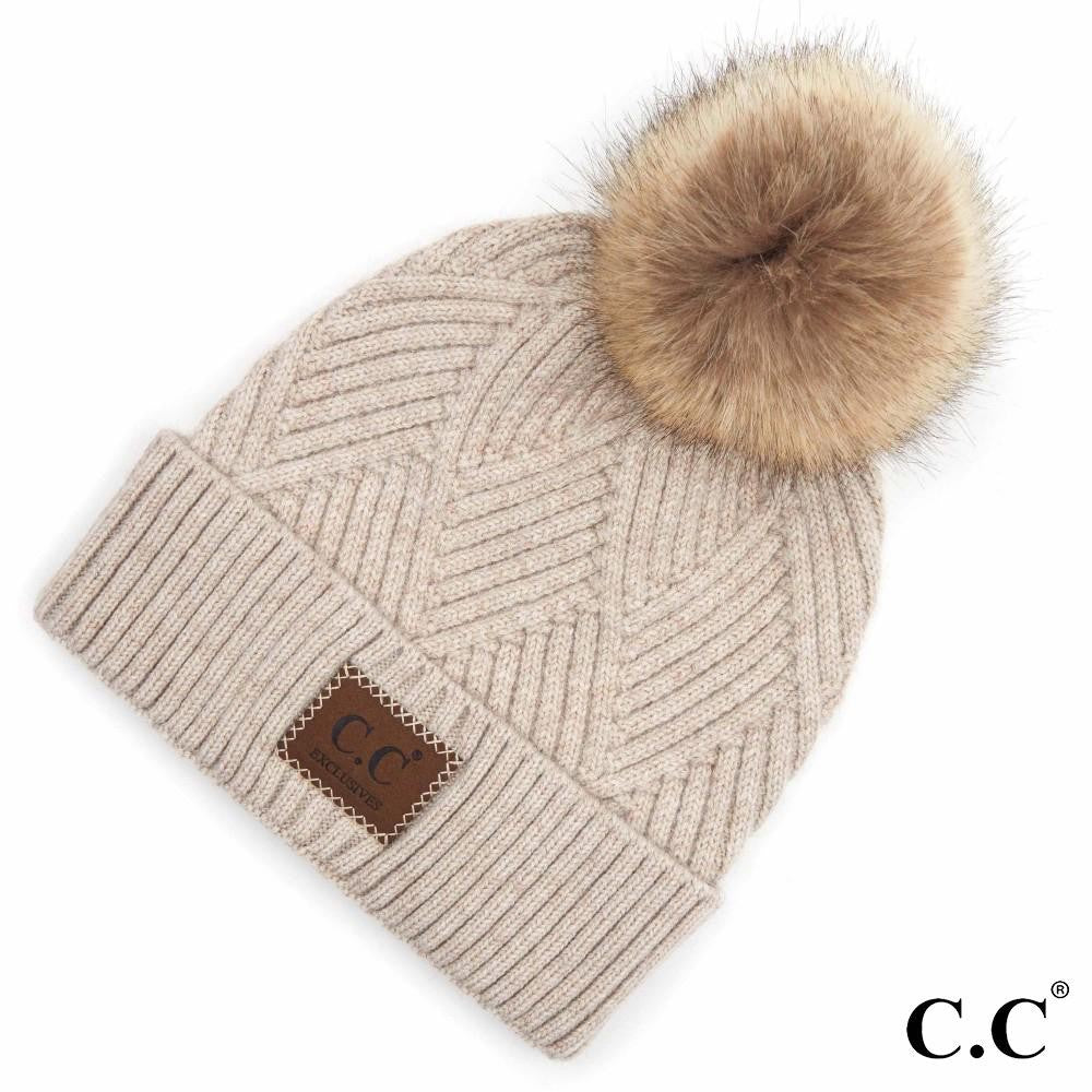 Diagonal Stripe Knit Pattern Pom Beanie