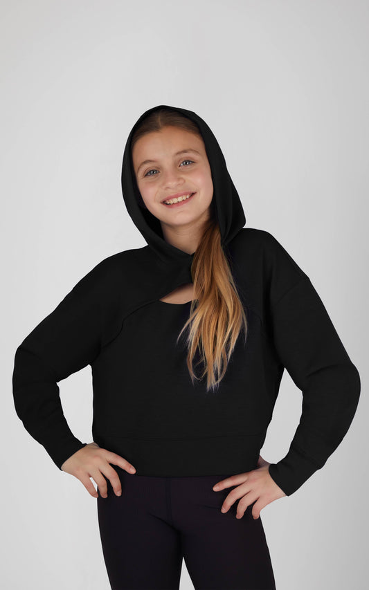 Girls Soft Scuba Hoodie with Front Keyhole: Black